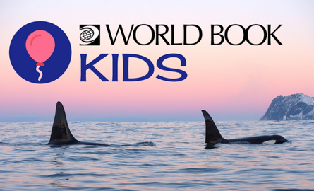 World Book Kids logo with Orca whales in the background